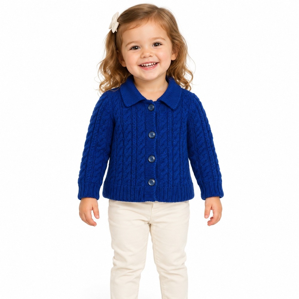 Handmade Cable Knit Cardigan Kids Size 2T-3T Royal Blue Vintage Wool Sweater